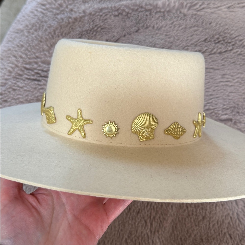 Lack Of Color Cream Wide-Brim Hat with Gold Sea Charm Trim - Picture 5 of 7